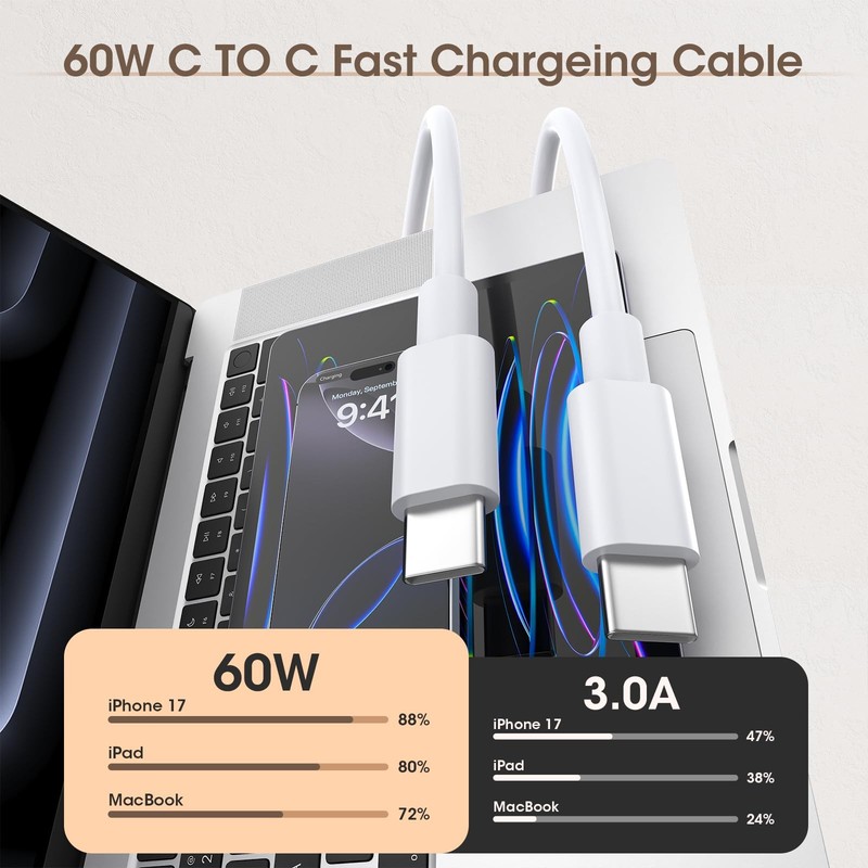 Yashifeison USB-C to Cable 10FT 60W, 2-Pack, Charging Cord white gallery