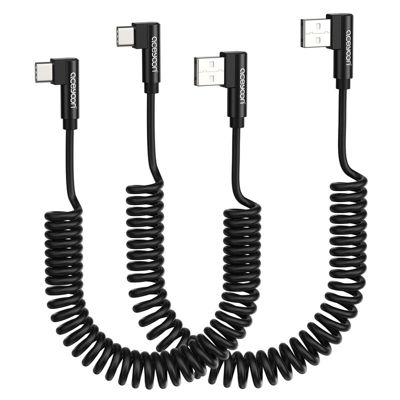 2 Pack Coiled USB C Cable, 90 Degree USB A to USB C Cable 60W USB Type C Char...
