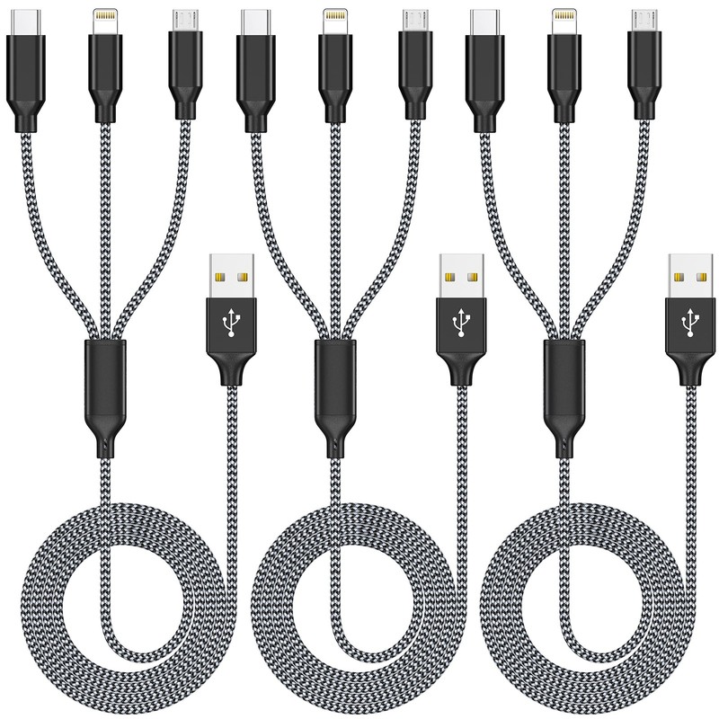 Xnewcable Multi Charging Cable 4ft 3Pack 3 in 1 4 feet, Grey/Black-4ft