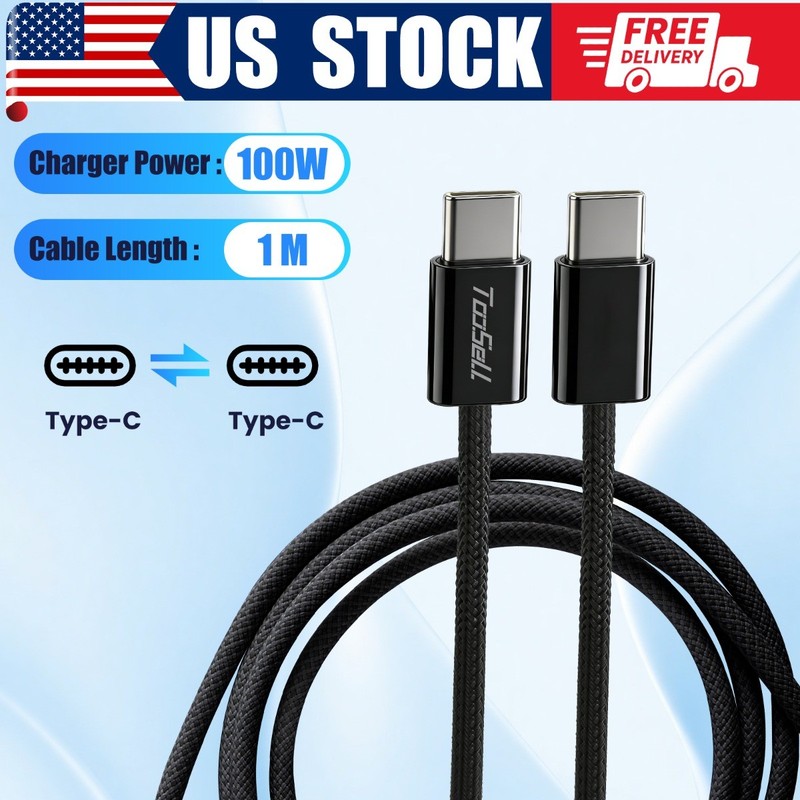 Black 100W USB C to Type C Fast Charger Cord For iPhone Air 17 16 15 Pro Samsung