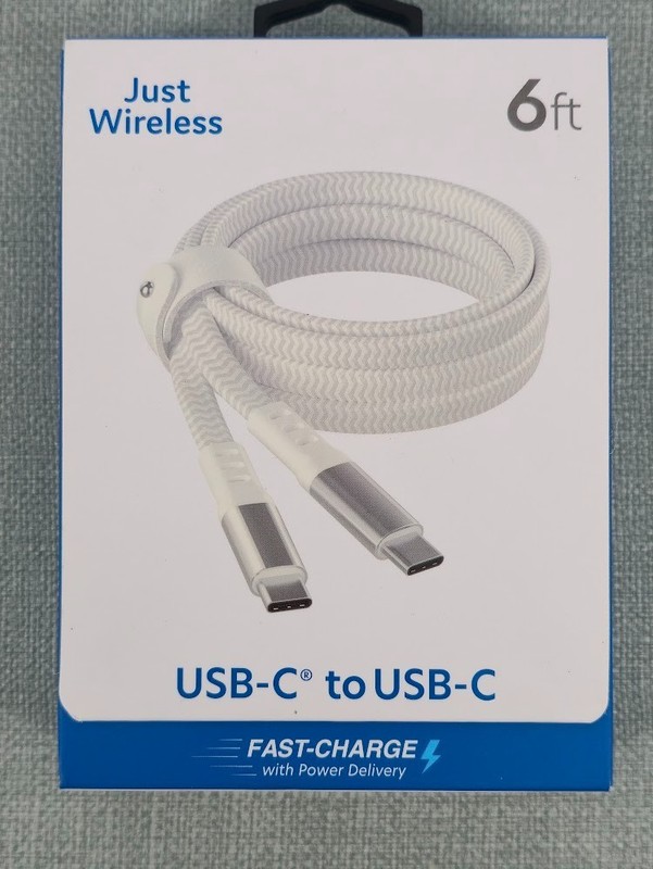 Just Wireless 6 ft FLAT Braided USB C to USB-C Fast Charger Cable – White – New