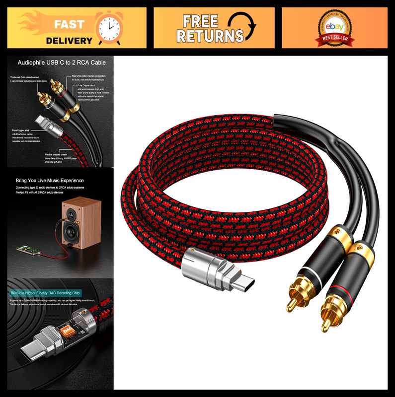 USB C to RCA Audio Cable 2.5FT – Type C to 2RCA Male Adapter for Home Theater, D