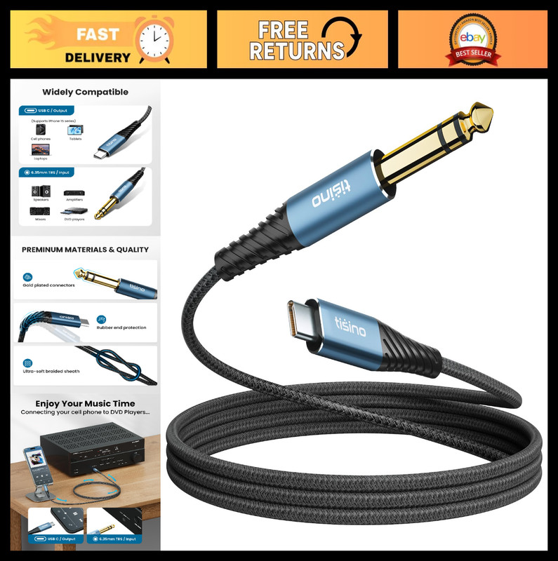 USB C to 1/4″ Audio Cable 10FT – Type C TRS Adapter for Phones, Laptops, Speaker