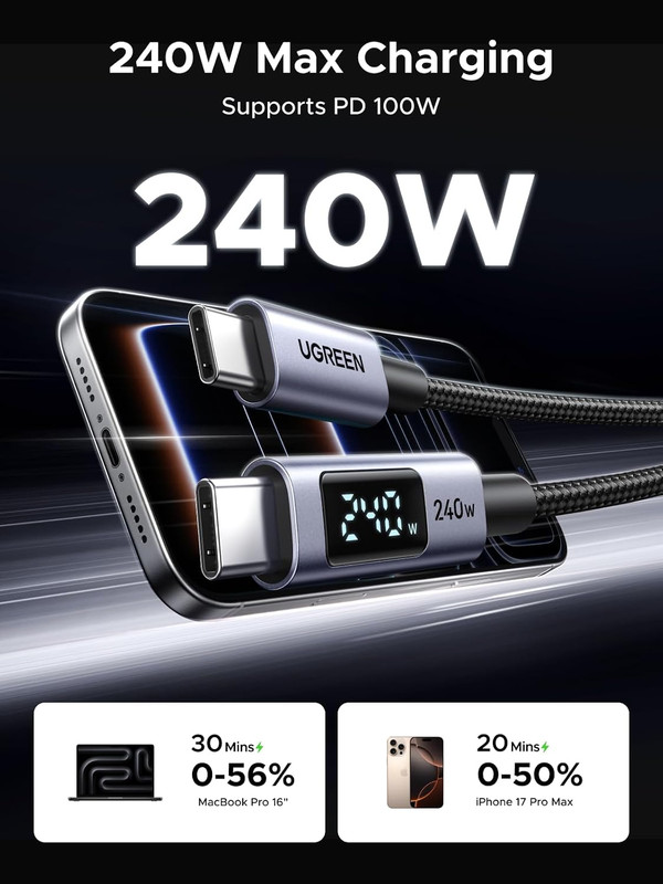 UGREEN 240W USB-C Fast Charging Cable with Digital Display, 6.6FT Braided gallery