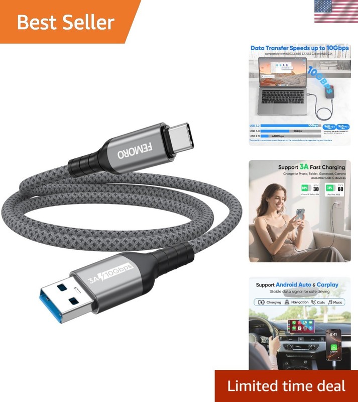 10Gbps USB 3.1 A to Type C Cable 3ft - Fast Charging for iPhone & Galaxy Phones