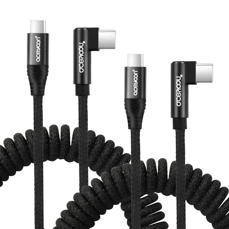 USB C to USB C Coiled Cable 3FT, 2 Pack 90 Degree USB C Charger Cable for Car...