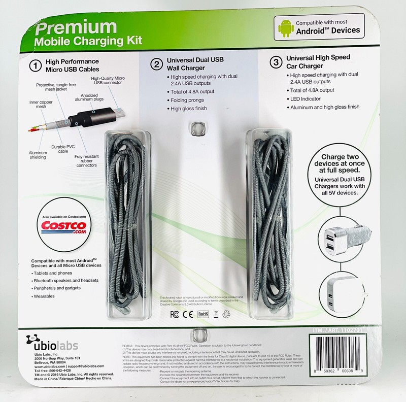 Ubio Labs 2-Pack 6ft Micro USB Cable & Wall/Car Charger For Samsung, Nokia, Moto gallery