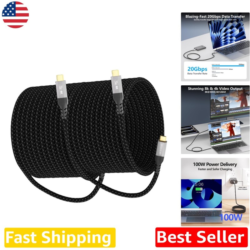 20ft USB-C Cable 2-Pack: 20Gbps, 100W Charging, 4K 120Hz Video