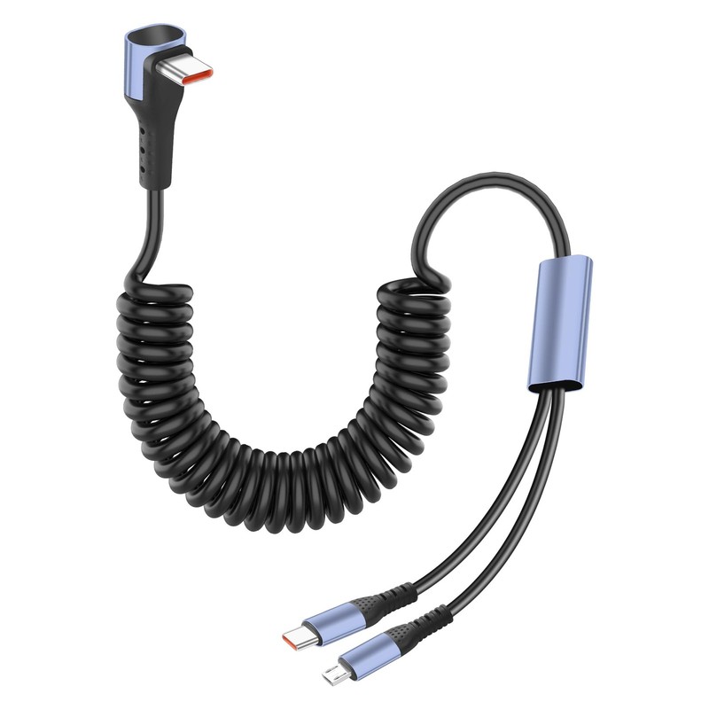 1 PCS Retractable 2 In 1 USB C Charging Cable 6A Coiled Splitter Micro