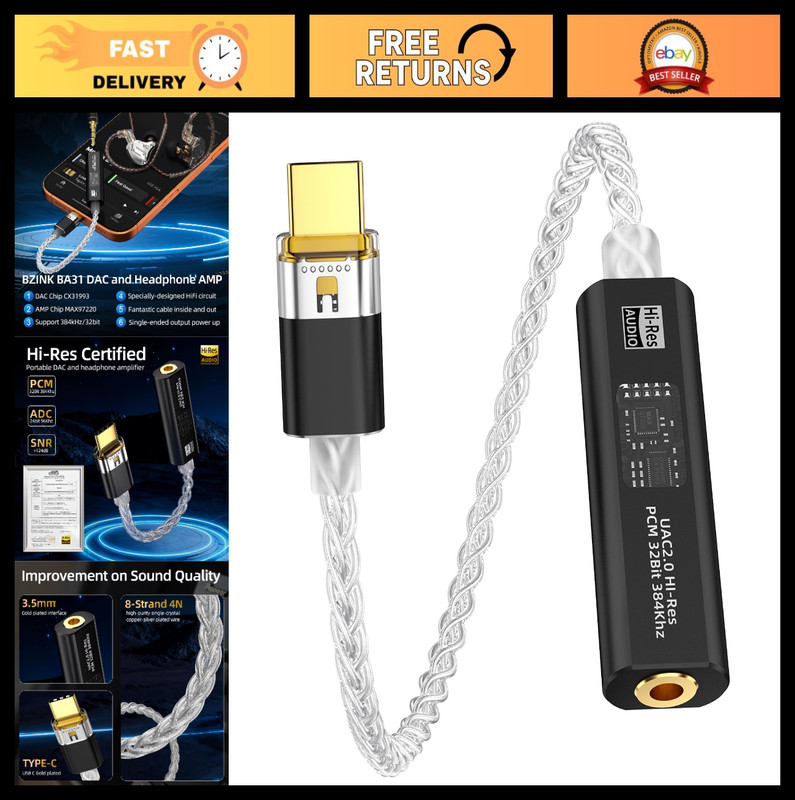 USB C to 3.5mm DAC Headphone Adapter, Hi-Res 32bit/384KHz Audio Dongle, Portable