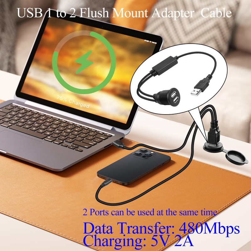 USB 1 To 2 Flush Mount Adapter Cable USB 2.0 Male To 2 Female 35cm 13.8 Inch gallery
