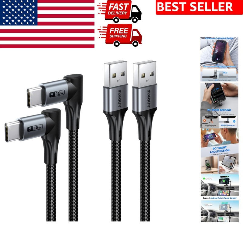 2-Pack 1ft Right Angle Braided USB C Charging & Data Cable