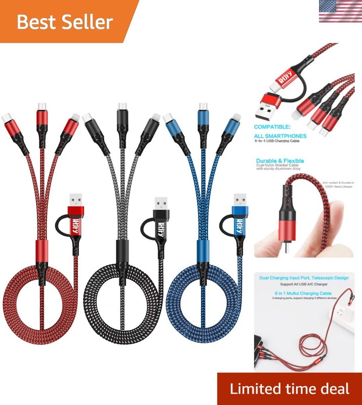 Universal 6-in-1 USB Charging Cord: 4ft Durable Cable for Smartphones & Tablets