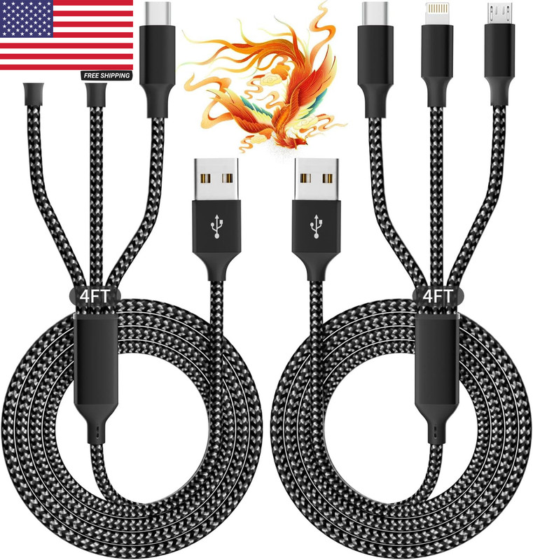 Multi Charging Cable(2Pack 4FT), 3 in 1 USB Charging Cable for Multiple Devices,