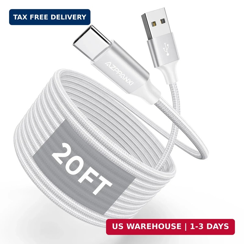 USB Type C Cable 20Ft, White Nylon Braided USB A to USB C 3A Fast Charging Charg