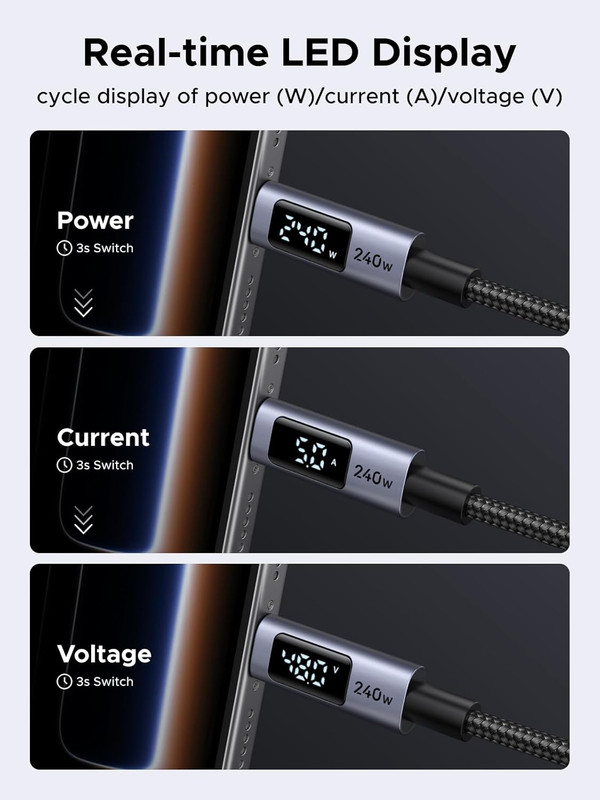 UGREEN 240W USB-C Fast Charging Cable with Digital Display, 6.6FT Braided gallery