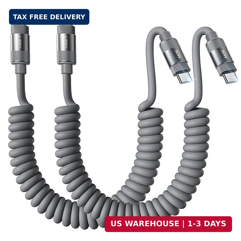 LISEN Coiled USB C Cable, Short Neat 2 Pack 60W C to C Cable Fast Charging for C