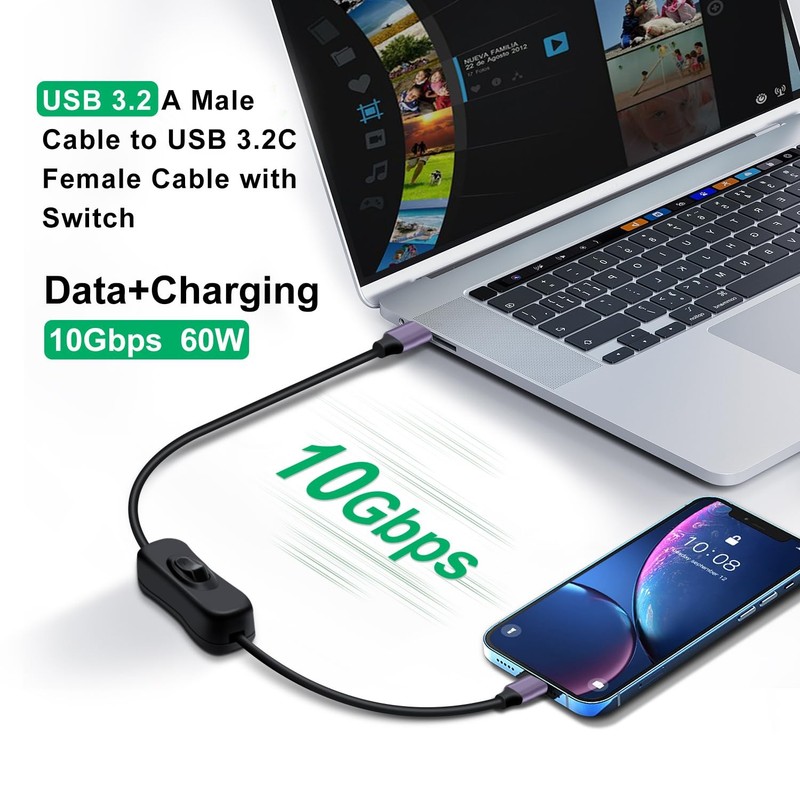 USB A to USB C Cable with Switch 3A 60W USB 3.2 Gen 2 Cable 10Gbps High Speed... gallery