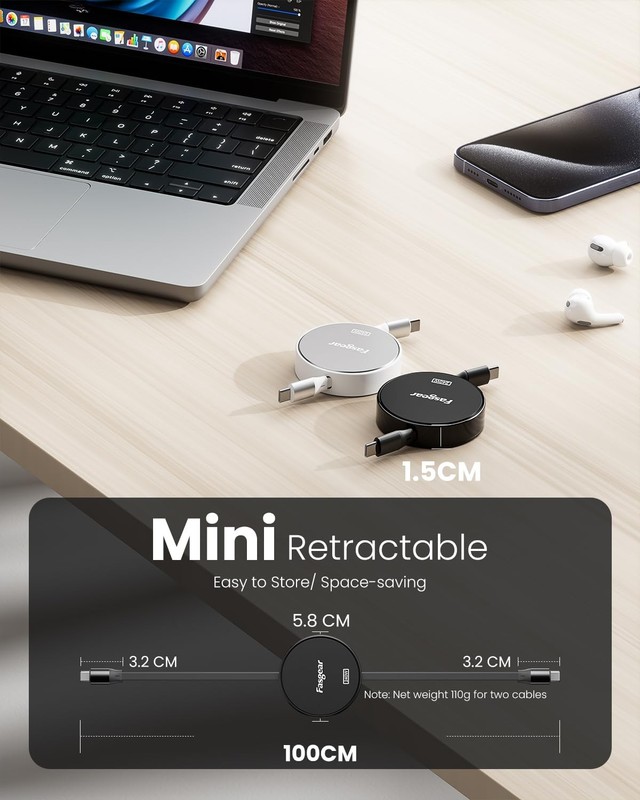 Retractable USB C Cable 240W 2 Pack 3.3ft Type C Cord 5A Fast Charging for US... gallery