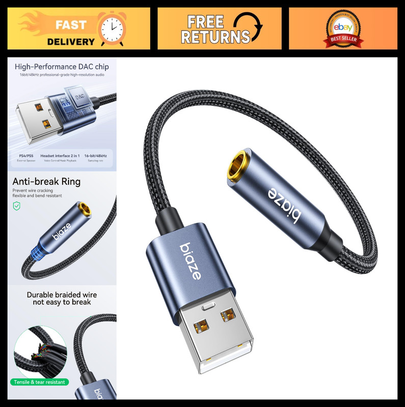 USB to 3.5mm Audio Adapter, External Stereo Sound Card for PC, Laptop, Mac & Lin
