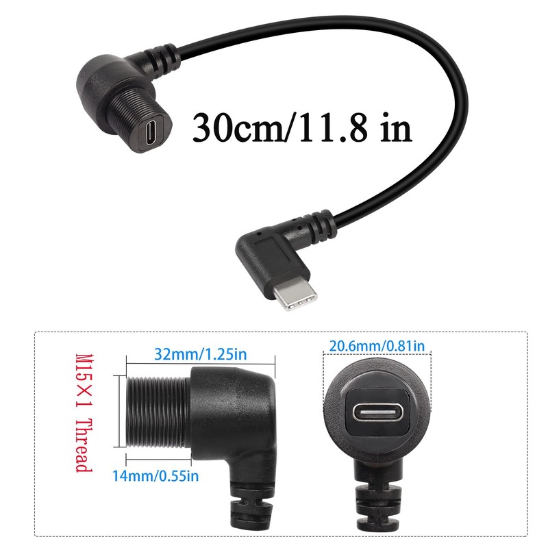 90 Degree Angle USB C Flush Panel Mount Cable 2.0 Female Male Waterproof 30cm gallery