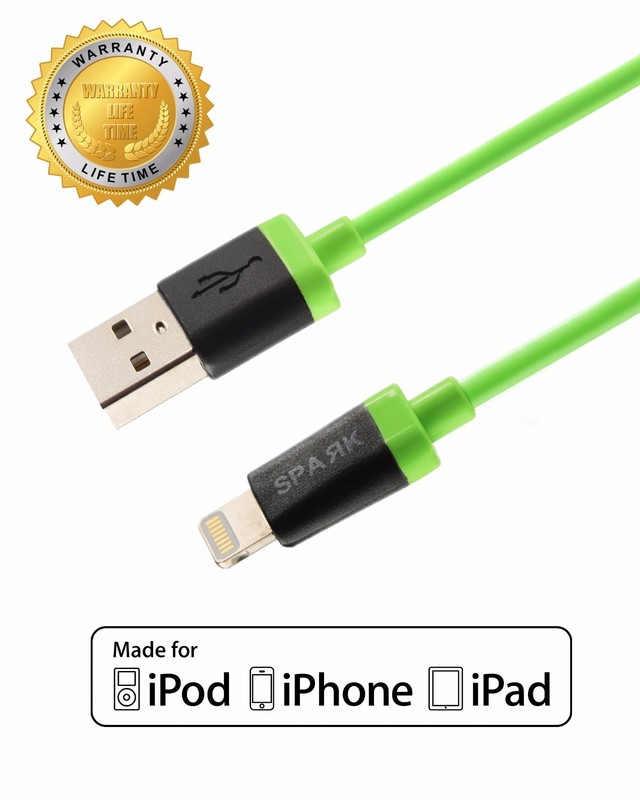Spark Apple MFI Certified Charging Charger Data Cable For iPhone 6 7 Green 1M