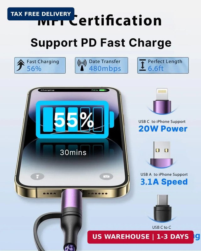 4 in 1 Charging Cable 60W 6FT Apple MFi Certified USB C to Lightning Cable Nylon gallery