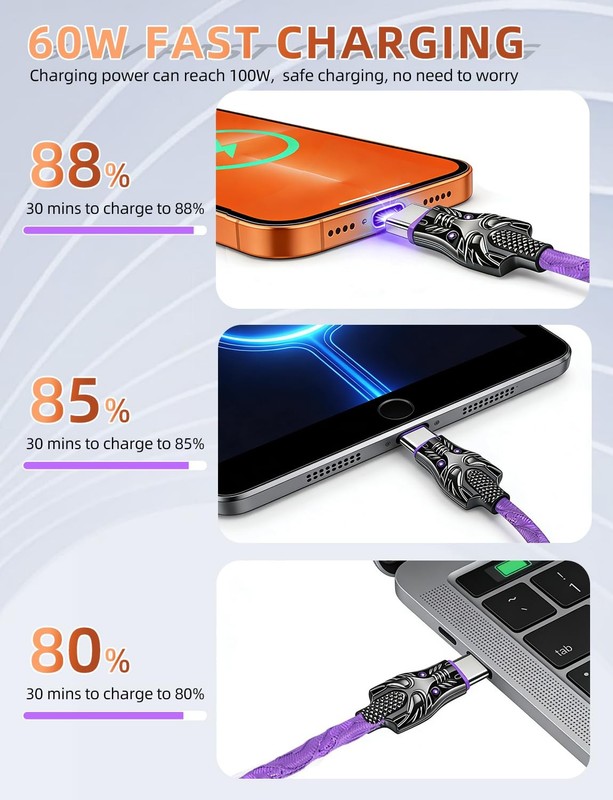 USB C Cable 60W [5-Pack 10FT] Braided Fast Charging, Extra Long, RGB Indicato... gallery