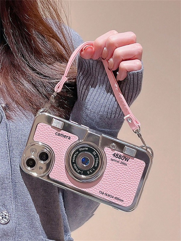 Pink Camera Pattern Phone Case with Lanyard for iPhone 16 – Cute & Kawaii Charm