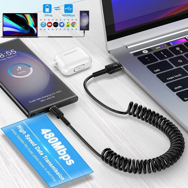 Fast Charger Cable Coiled USB C for Car 3FT Android Auto Type A to C Phone Power gallery