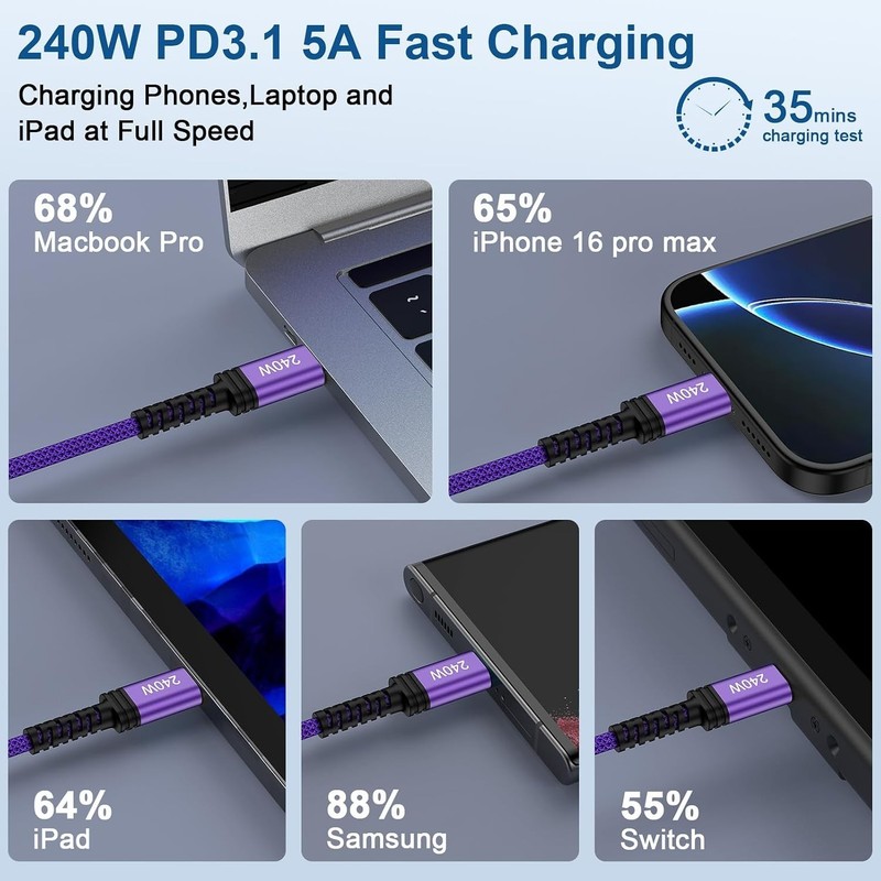 USB C to USB C Cable 240W Fast Charging Type C Charger Cord 10FT Long Braided US gallery