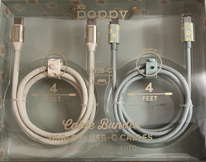 Two (2) XO Poppy 4 Feet Cable Bundle – USB-C to USB-C – Office, Home, Auto