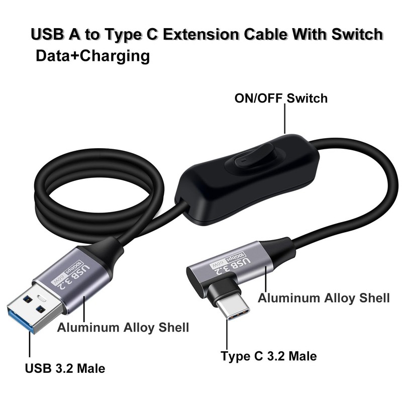 90 Degree USB C Cable Switch 3.2 Type C Fast Charging 60W 3A Black 2FT/0.6M gallery
