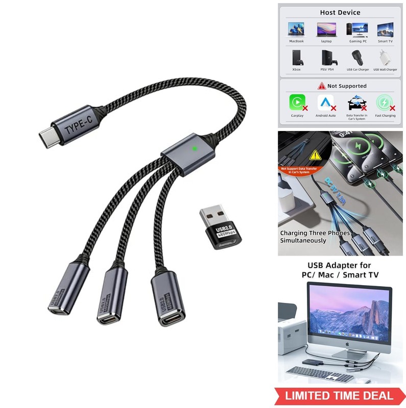 USB C Splitter 1 in 3 Male to 3 Female Port Charging Data Transfer Cable for