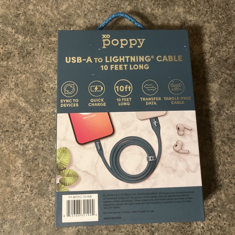 XO Poppy Maldives Blue USB-A To Apple Port Fast Charging Cable 10 Feet Long NIB gallery