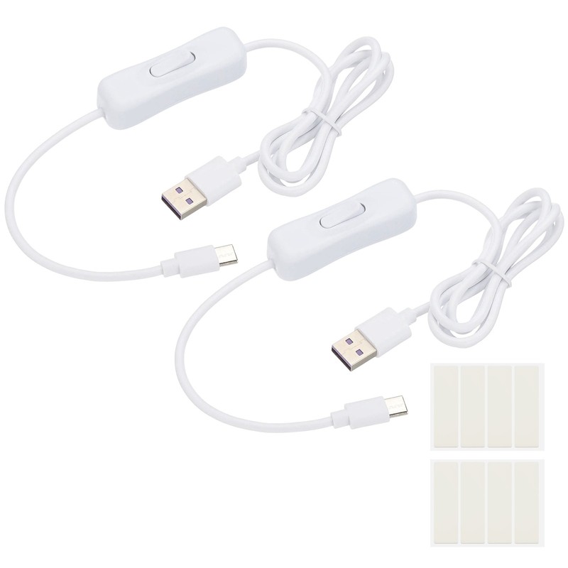 2 Pcs 1M USB Male to Type-C Male Extension Cord with Switch with Tape, White