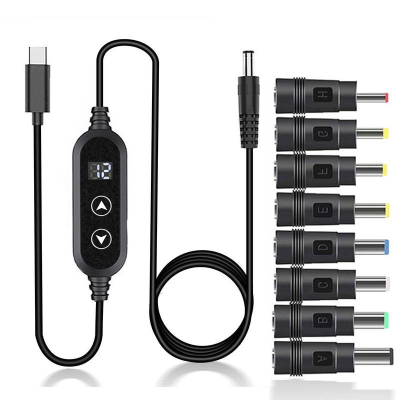 3.9FT USB C To DC 5V/9V/12V/15V/20V Power Cable 8 Conversion Heads Display