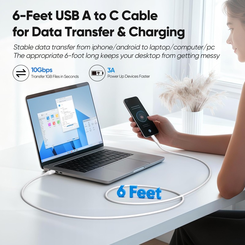 USB A to USB C Data Cable 6ft, 10Gbps High Speed Data Transfer Fast Charging ... gallery