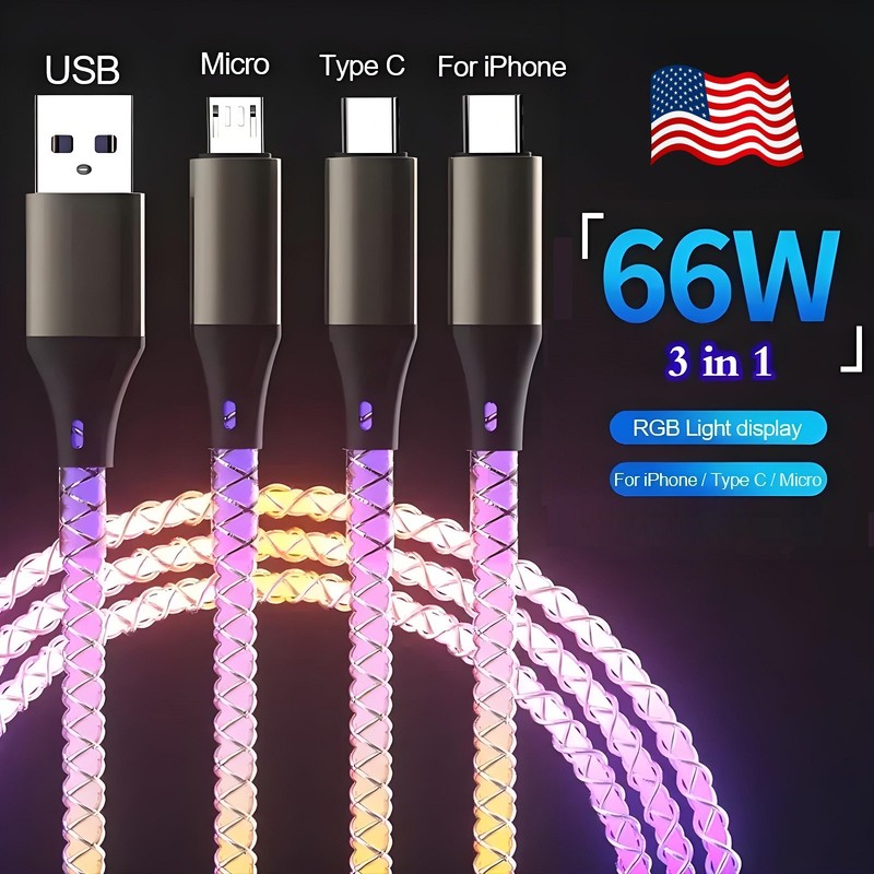 3 in 1 LED Fast Charging Cable Adapter For iPhone Micro USB Type C Charger Cord