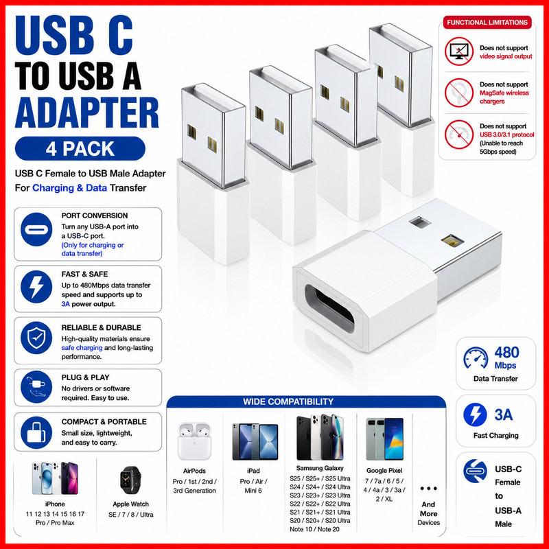 4 PACK USB C 3.1 Type C Female to USB 3.0 Type A Male Port Converter Adapter NEW