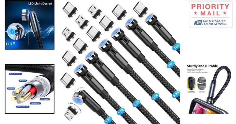 540° Rotation Charging Cable 7-Pack Magnetic Braided USB Type C Micro USB Black gallery