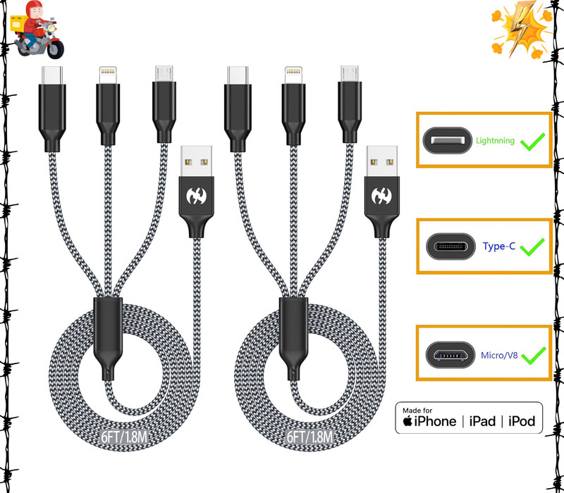 Multi Charging Cable 6ft 2Pack 3 in 1 Charger Cord, Multiple Rapid Nylon Braided
