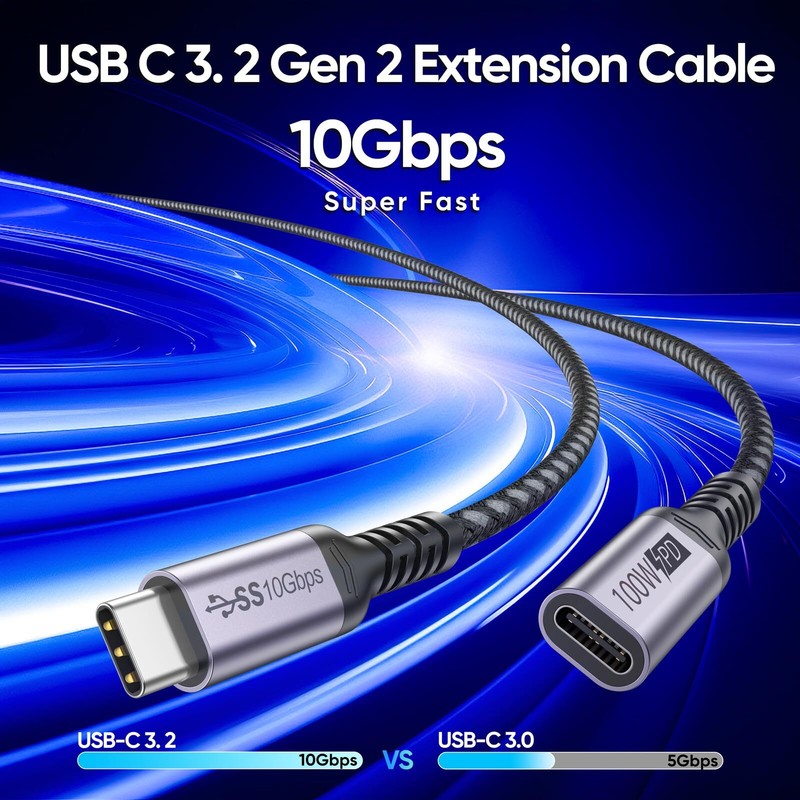 USB C Extension Cable 6.6ft, 4K@60Hz Video/10Gbps Data Transfer/100W Charging gallery