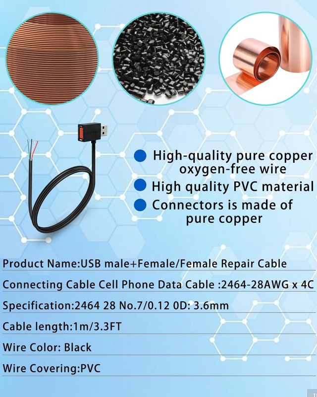 4 PCS 90 Degree USB 2.0 Male To 4 Pin Bare Wire Adapter Cable Female Port 3.3FT gallery