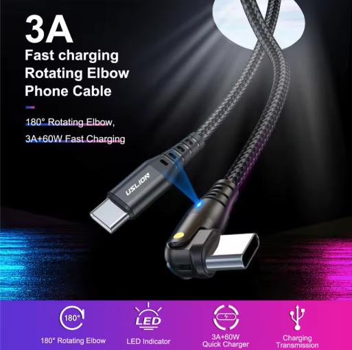 USLION PD 60W USB C to USB Type C Cable For Xiaomi Samsung S23 Macbook 180 Rotat gallery