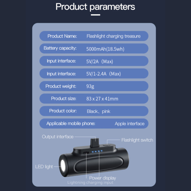 5000mAh Mini Power Bank Type-C Phone Fast Charging Charger Flashlight Portable gallery