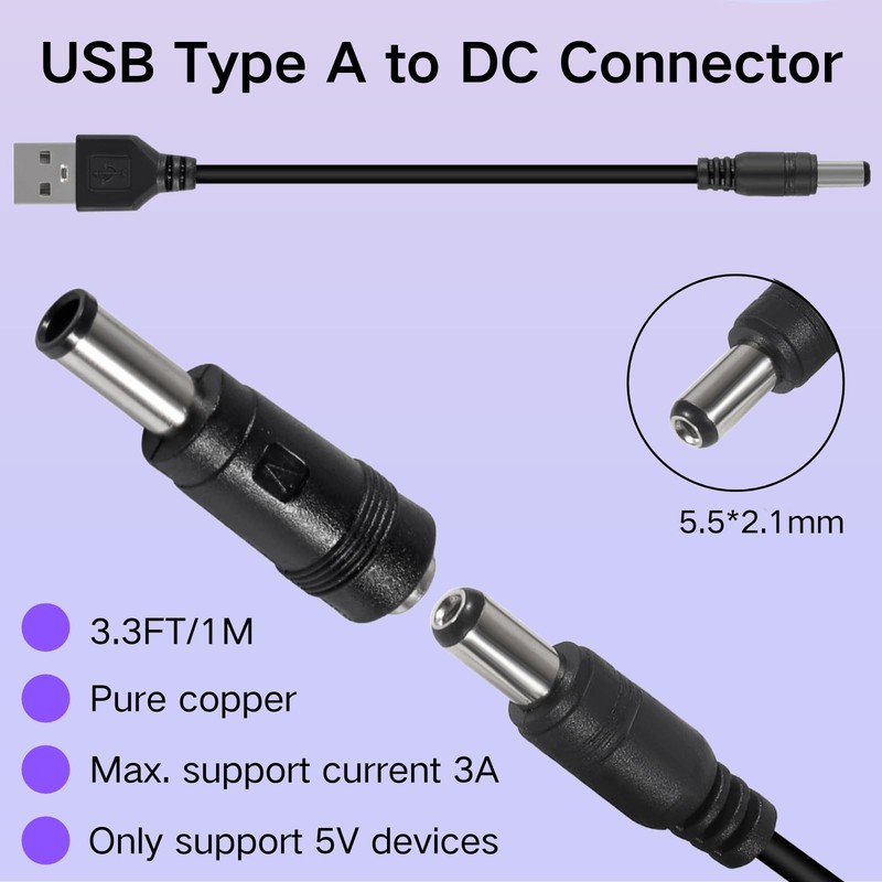 3.3ft USB To DC 5.5x2.1mm 5V Power Cord Charging Cable 20 Connector Tips gallery