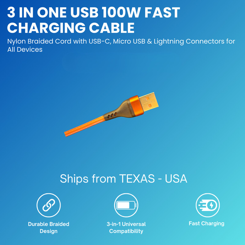 3 in 1 USB 100W Fast Charging Cable 1.2m - Orange gallery