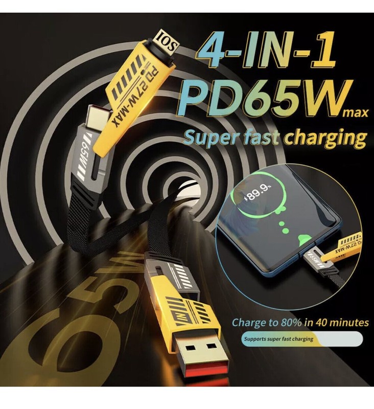 4in1 USB Type-C Cable 4ft Data Cord Super Fast Charging Cable For iPhone Samsung