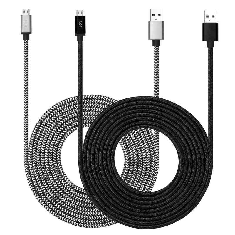 Micro USB Cable 10ft 3A Fast Charging 2-Pack Nylon Braided Black+White